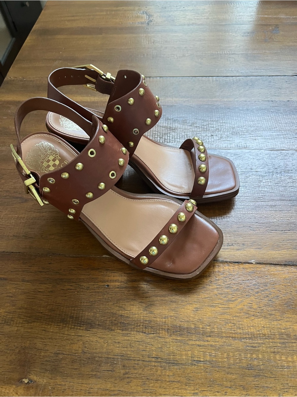 Vince Camuto Brown Studded Block Heel Sandals